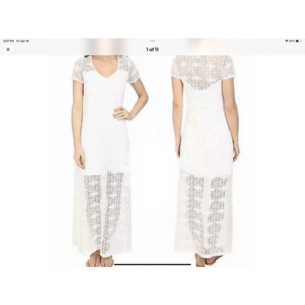 Tommy Bahama Womens XL Ivory Lace Maxi Dress V Neck Short Sleeve Lined